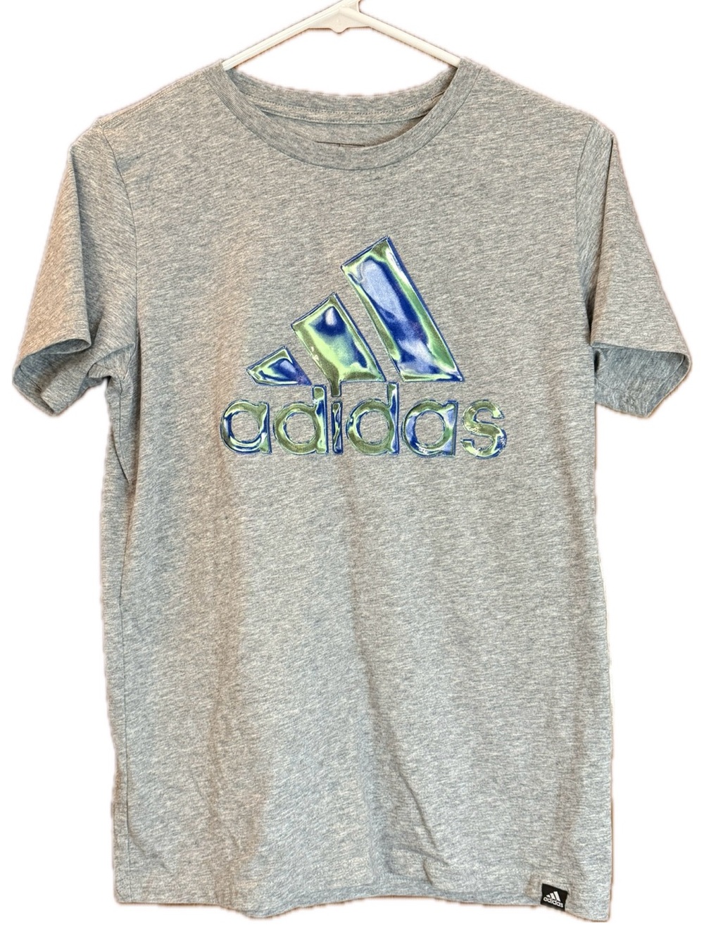 ADIDAS Grey Short-Sleeve Tee with Blue and Green Liquid Metal Logo